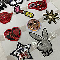 Термоаплікації на тканину в асортименті з паєтками, висота 5 см