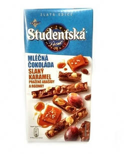 Шоколад молочний Studentska Pecet з солоною карамеллю, родзинками і арахісом 170 г Чехія