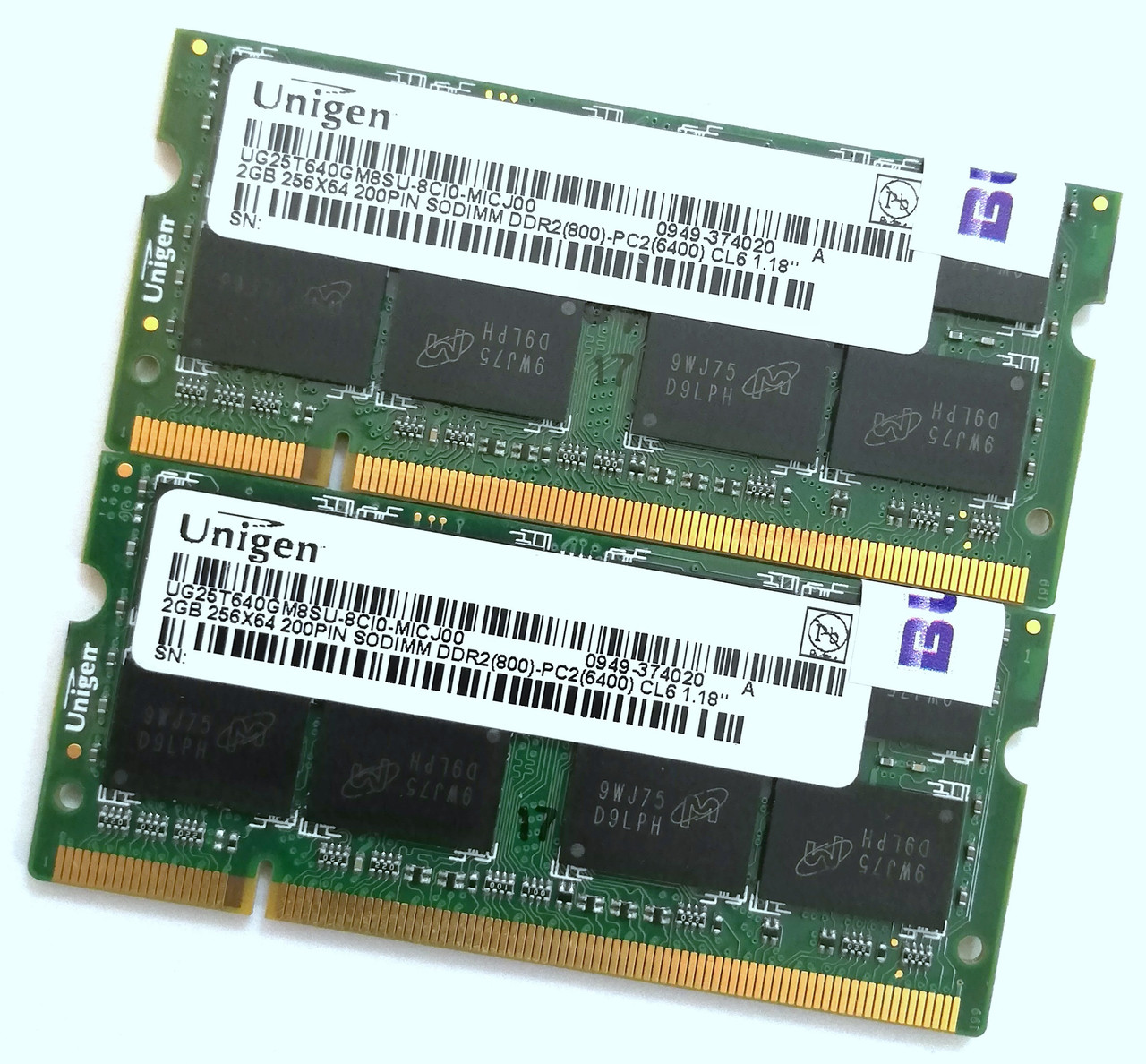 Пара оперативної пам'яті для ноутбука Unigen SODIMM DDR2 4Gb (2*2Gb) 800MHz 6400S CL6 (UG25T640GM8SU) Б/В
