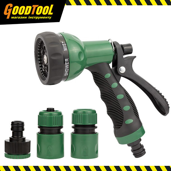 Набір для поливу: пістолет розпилювач 7-ми режимний, 2 коннектора + адаптер (ABS+TPR) GRAD 5012505, фото 1