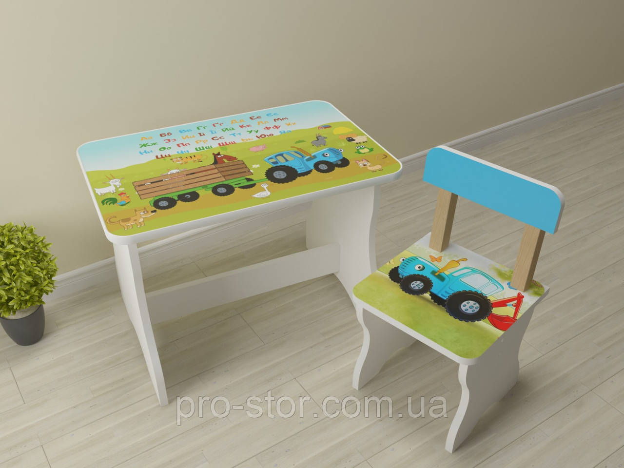 Детский столик и стульчик 2-4 года от производителя ЛДСП стул-стол Синий трактор с алфавитом - фото 1 - id-p1416811465
