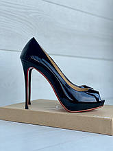 Жіночі чорні лакові босоніжки туфлі на платформі Christian Louboutin New Very Prive 12 см Лабутини Лабутин