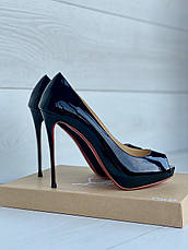 Жіночі чорні лакові босоніжки туфлі на платформі Christian Louboutin New Very Prive 12 см Лабутини Лабутин, фото 4