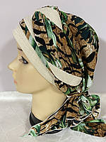 Літня жіноча шапка-косинка-тюрбан із драпіруванням коричневий із зеленим із білою окантовкою