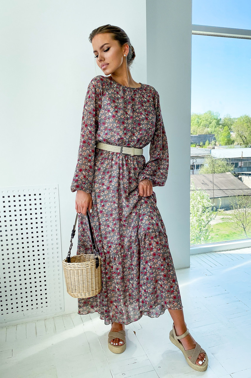Шифонова сукня міді з довгим рукавом сіра з квітковим літнім принтом жіноча