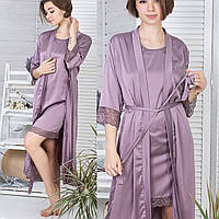 Шелковый домашний комплект удлиненный халат и ночная рубашка с кружевом халат і нічна сорочка