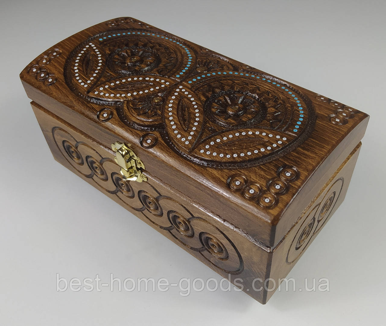 Різьблена шкатулка з горіха 21×10.6×10 см | Дерев’яна скринька ручної роботи з оксамитовим дном | Подарунок з Карпат, фото 1