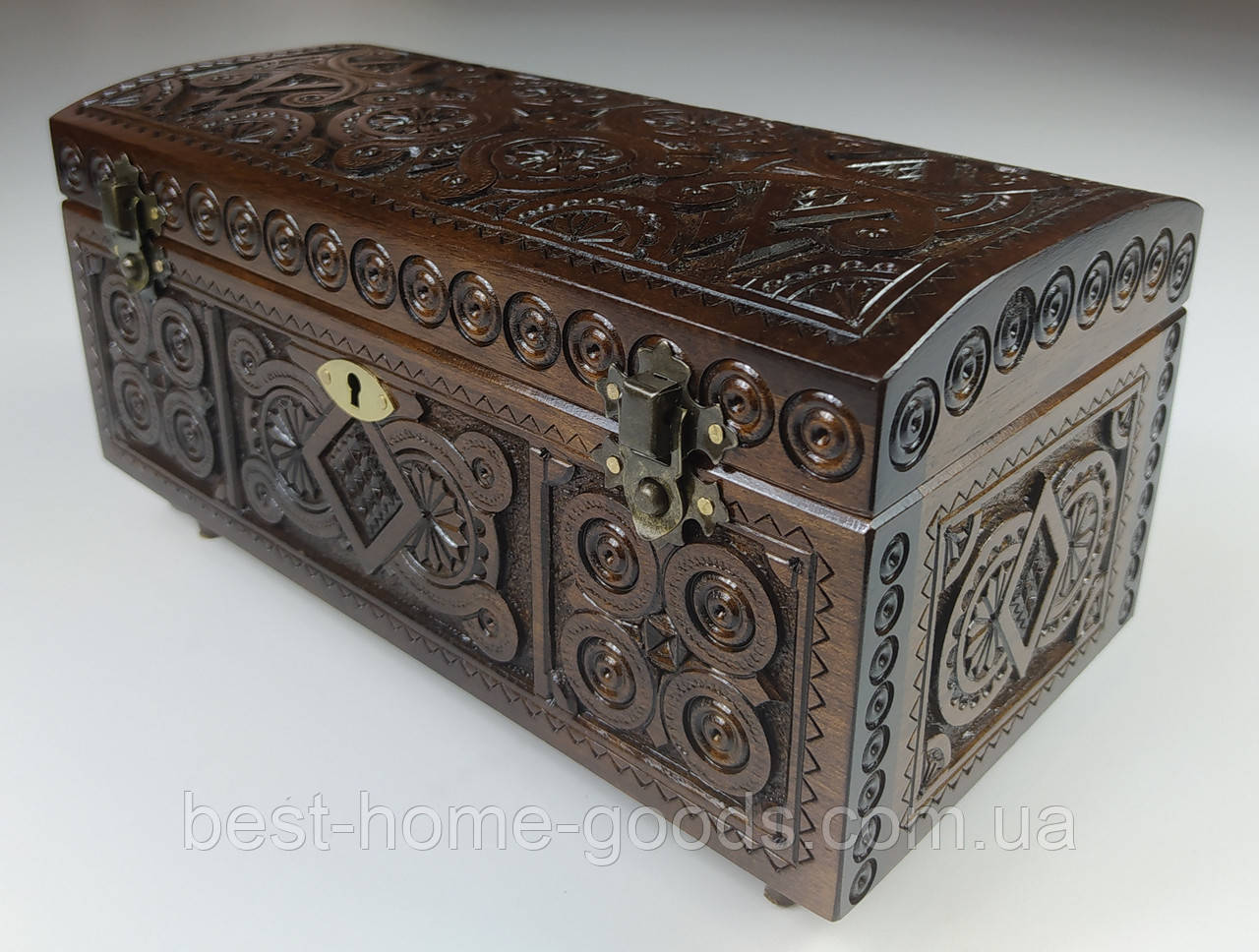 Різьблена дерев’яна шкатулка з горіха 24×12.5×12.8 см | Скринька ручної роботи з оксамитовим дном і механічним замком на ключ, фото 1