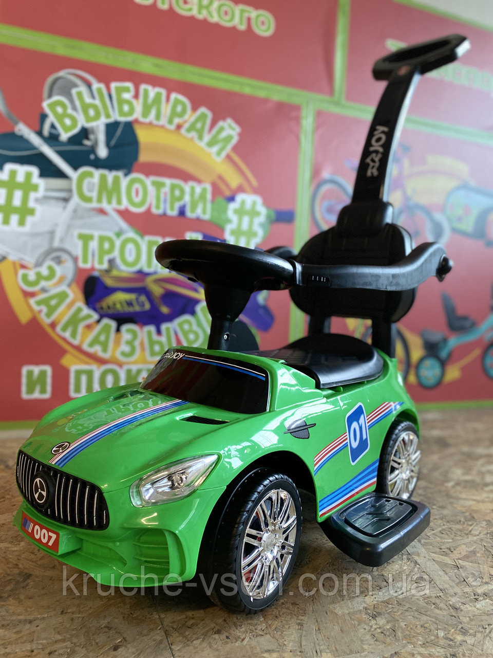 Машинка толокар 2 в 1, Tesla, музичний кермо, багажник, знімна ручка, каталка толокар, фото 1