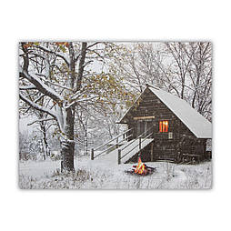 Картина, що світиться - зимовий будинок зі світлим вікном та вуличним вогнем, 3 LЕD лампи що мерехтять, 30x40 см (940164)