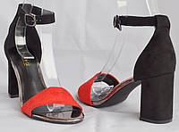 Размер 38 - стелька 25 см Эффектные и стильные женские босоножки, каблук 8 сантиметров, черные с красным