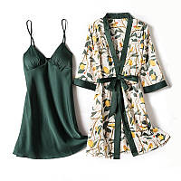 Комплект шелковый женский халат и ночная сорочка. Набор для сна, пижама женская шелковая, размер L