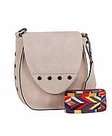 Итальянская кожаная сумка с разноцветным широким ремнем, замшевая молочный цвет Carla Berry