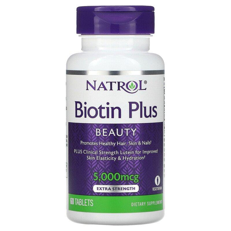 Біотин з лютеїном Natrol "Biotin Plus Beauty" для краси шкіри, волосся й нігтів, 5000 мкг (60 таблеток), фото 1