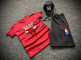 Шорти футболка і кепка Chicago Bulls чорно-червоного кольору (літній спортивний костюм 3 в 1 бавовна)