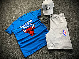 Шорти футболка і кепка Chicago Bulls сіро-синього кольору (літній спортивний костюм 3 в 1 чоловічий)