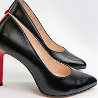 Туфли женские лодочки кожаные черные на высоком тонком красном каблуке 39