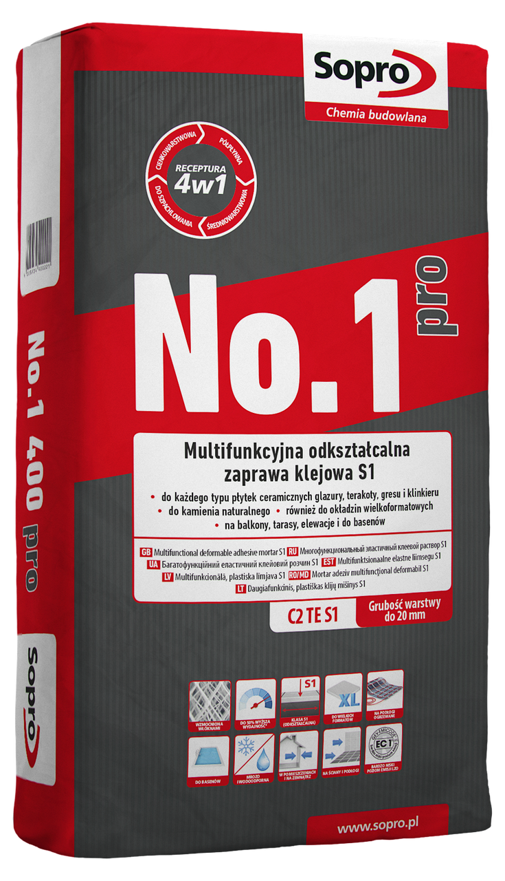 Sopro № 1 (400) Pro – Багатофункціональна високоеластична, деформируемая клейова суміш розчину S1, 22 кг., фото 1