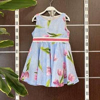 Голубое летнее платье с цветочным принтом "тюльпаны" и розовым поясом для девочки