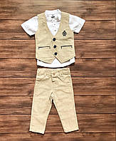 Детский костюм тройка: рубашка, жилетка, брюки на мальчика от 1 до 4 лет Бежевый, 92