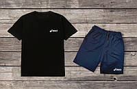 Летний комплект Asics Черная футболка синие шорты