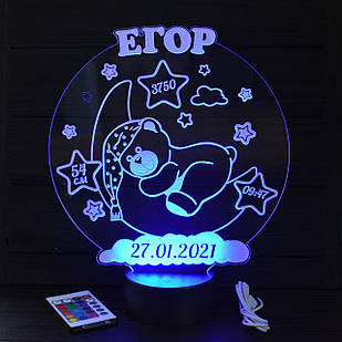 3D нічник в дитячу з метрикою, LED світильник, нічник "Ведмедик на місяці" (16 кольорів світіння) з пультом