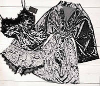 Красивый домашний комплект женской одежды в стальном цвете Халат + пижама с кружевом