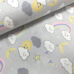 Тканина поплін-солодка з хмарами та веселкою на сірому (ТУРЦІЯ шир. 2,4 м) (R-C-0484)