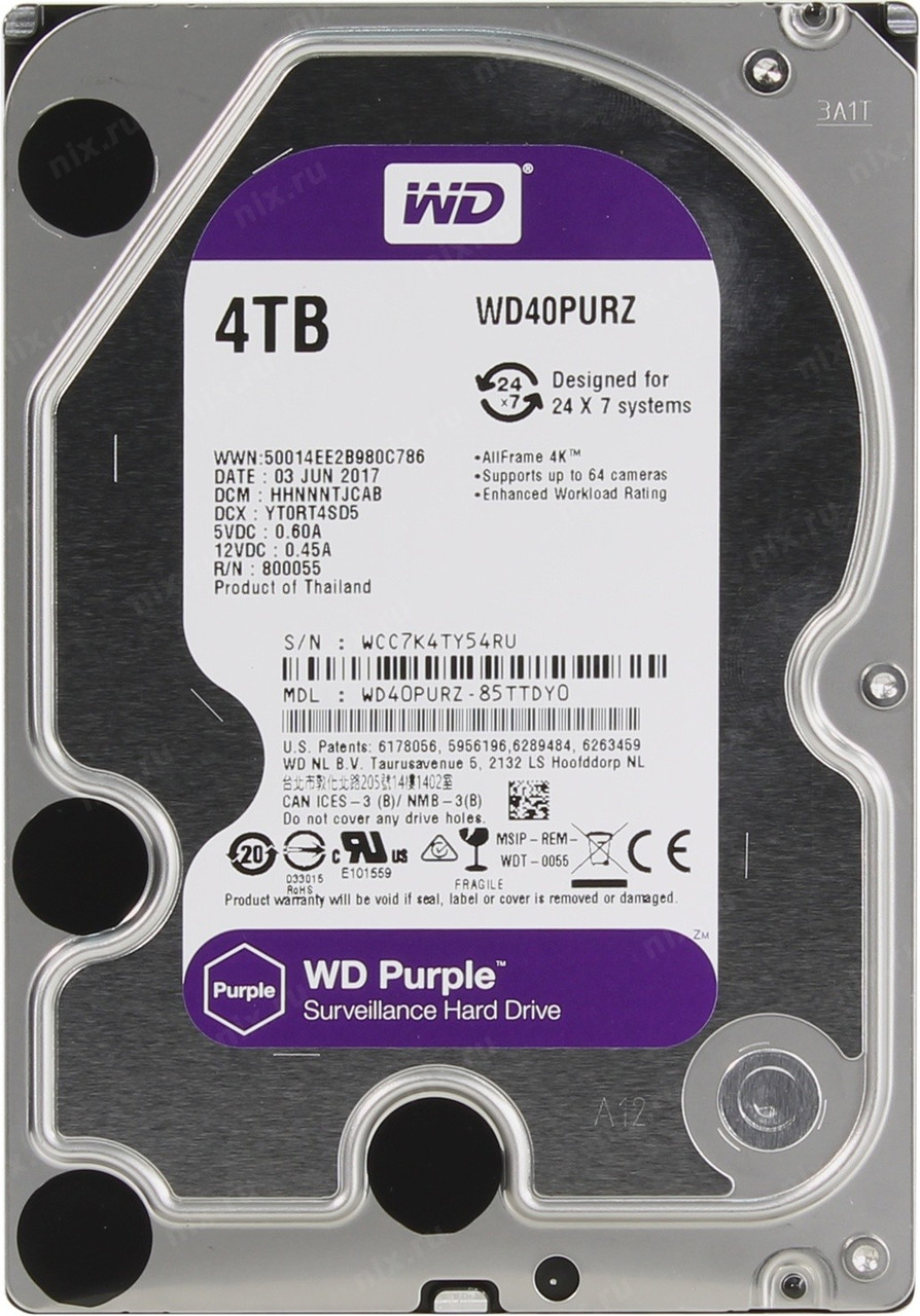 Жесткий диск Western Digital Purple 4TB 64MB 5400rpm WD40PURZ 6Gb/s, фото 1