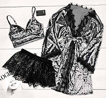 Велюровий комплект халат + піжама, топ і мереживні шорти.