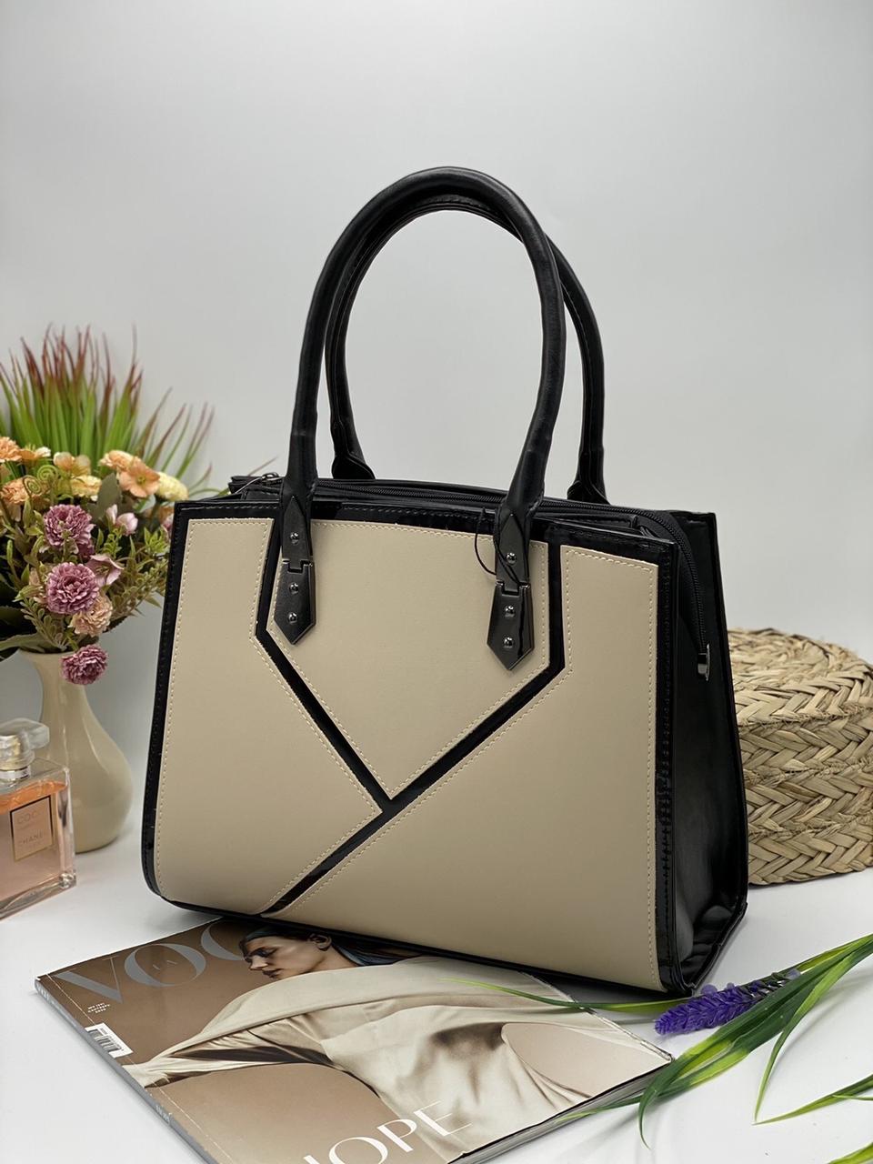 Сумка жіноча ділова на блискавці 32*24 см штучна шкіра Nata Молочний, фото 1