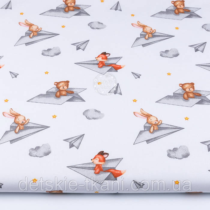 Бязь "Звірята в паперових літачках на білому тлі" №3505, фото 1