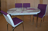 Раскладной обеденный кухонный комплект овальный стол и стулья "Сирень в кружке" ДСП стекло 75*130 Mobilgen