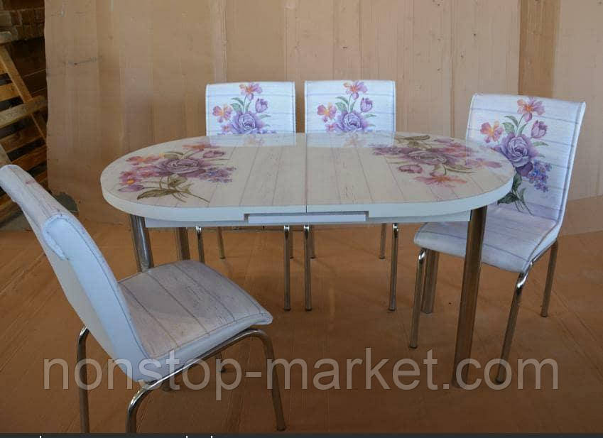 Розкладний обідній кухонний комплект овальний стіл і стільці "Фіолетовий букет" ДСП гартоване скло 75*130 Mobilgen