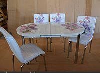 Раскладной обеденный кухонный комплект овальный стол и стулья "Фиолетовый букет" ДСП стекло 75*130 Mobilgen