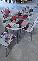 Раскладной обеденный кухонный комплект овальный стол и стулья "Красная мозаика" ДСП стекло 75*130 Mobilgen