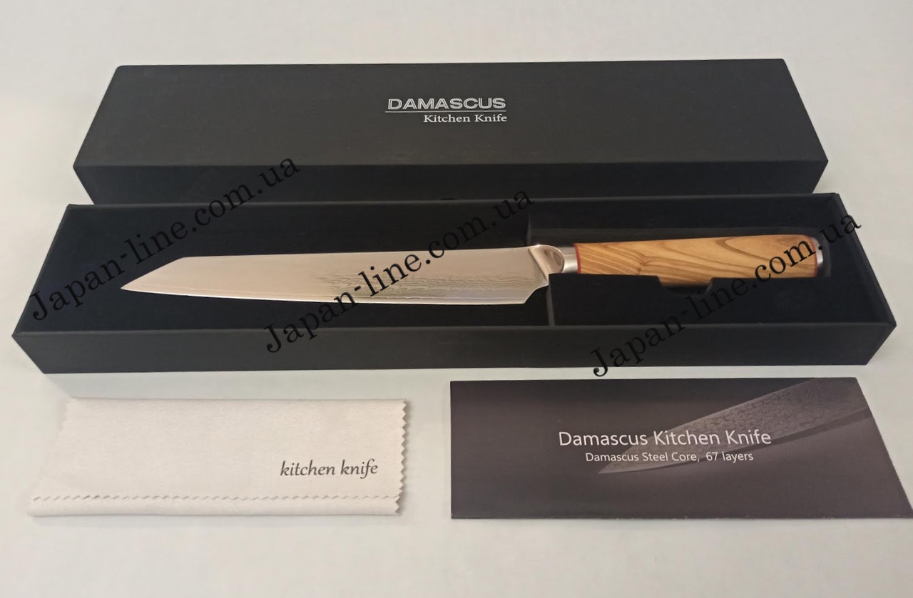 Ніж слайсер AUS-10 сталь 67 шарів лезо 20 см. Damascus DK-OK 4003 olivewood handle