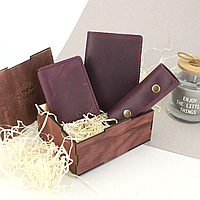 Подарунковий набір жіночий в коробці Handycover №46 (бордовий) ключниця, обкладинка на документи і паспорт