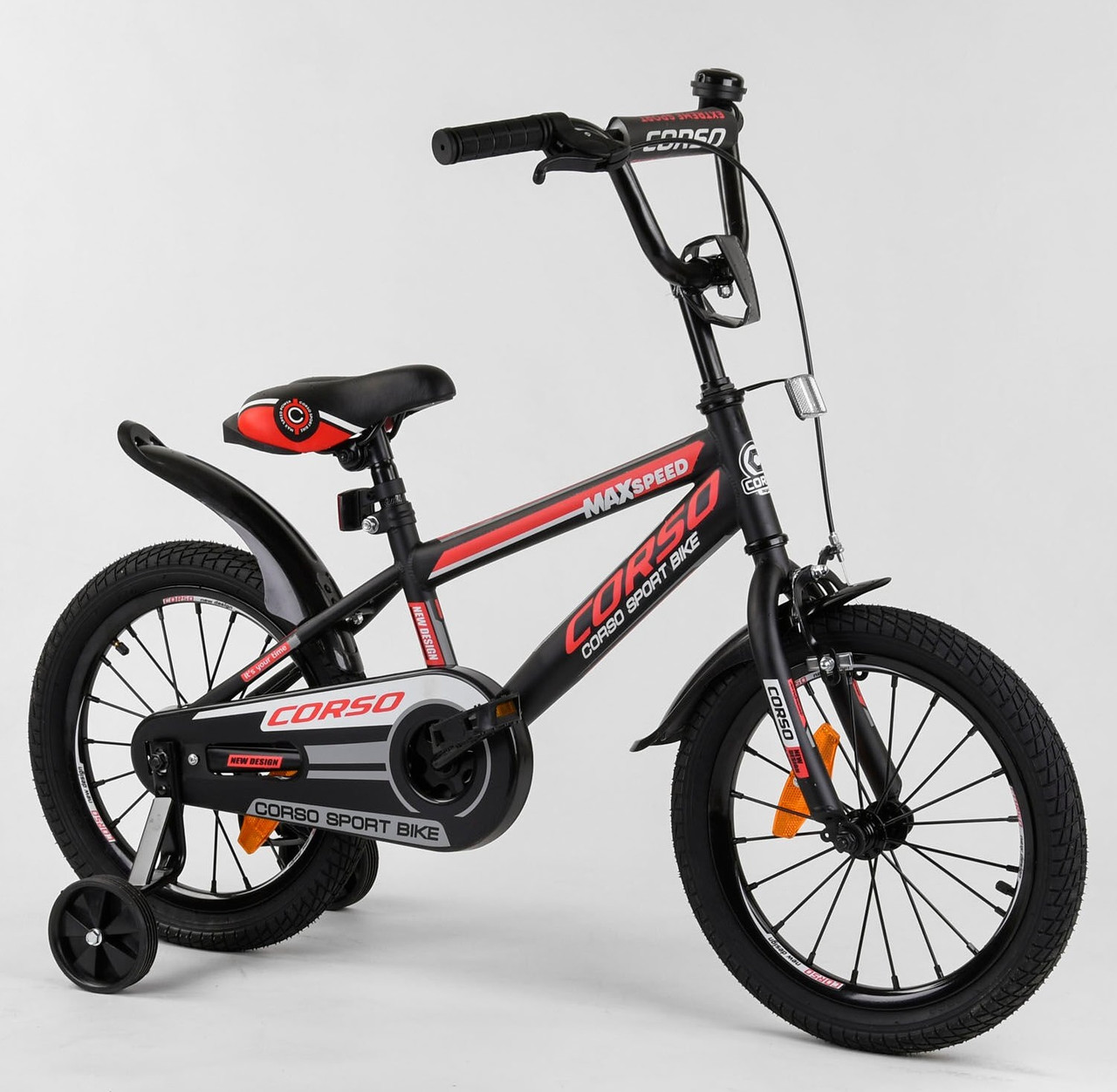 Велосипед дитячий 16 дюймів двоколісний Червоний CORSO ST-16700 з додатковими колесами, ручне гальмо