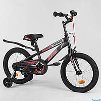 Детский велосипед Corso 16" ручной тормоз, звоночек, доп. колеса, собран на 75% в коробке черно-красный