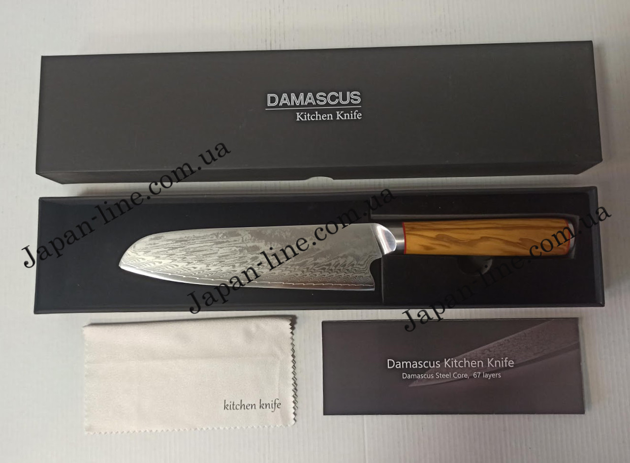 Ніж сантоку AUS-10 сталь 67 шарів лезо 19 см. Damascus DK-OK 4004 olivewood handle