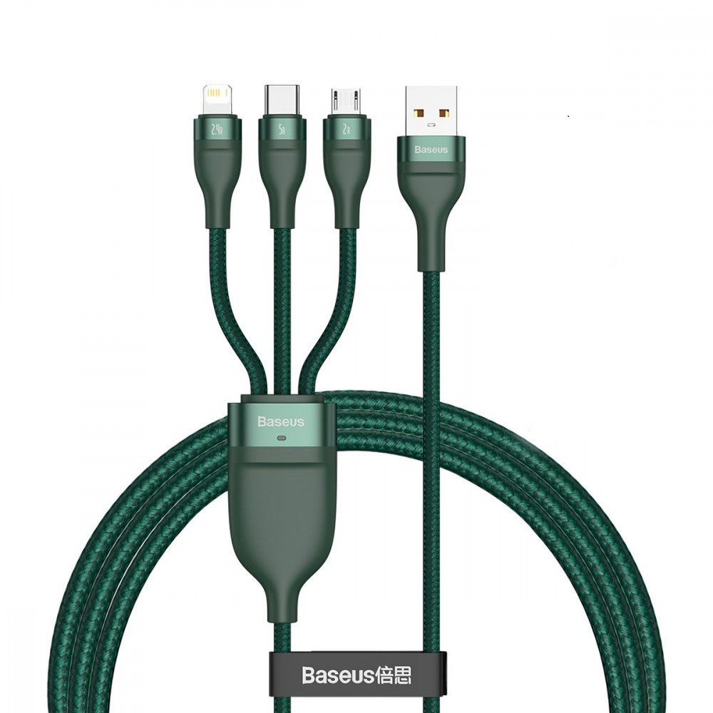 Кабель Baseus 3в1 5A для швидкої зарядки MicroUSB+Lightning+Type-C Flash Series 1.2 м (зелений)
