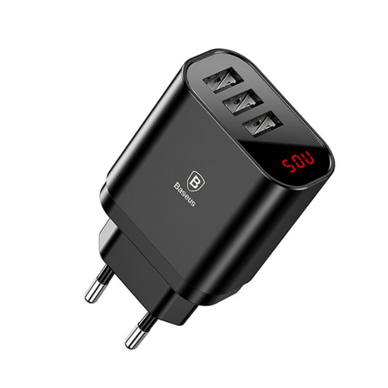 Блок живлення на 3 USB BASEUS 3.4 А з дисплеєм СЗУ МЗП Mirror Traveler Intelligent Digital Display (чорний)