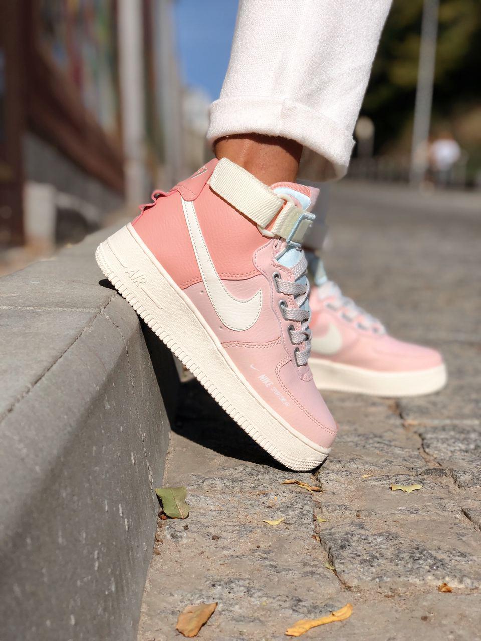 Жіночі кросівки Nike Air Force High Pink шкіряні найк аїр форс рожеві високі весна осінь