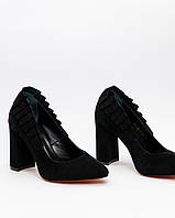 Туфли лодочки черные женские на устойчивом каблуке из натуральной замши 9см 38