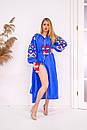 Синє плаття бохо, вишите плаття вишиванка льон, стильне синє плаття з вишивкою, фото 2