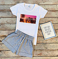 Женский летний комплект белая футболка с принтом "Calvin Klein Jeans" и серые шорты