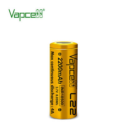Аккумулятор 18500 Li-Ion Vapcell INR18500 L22, 2200mAh, 4A, 4.2/3.6/2.5V, Gold, фото 1