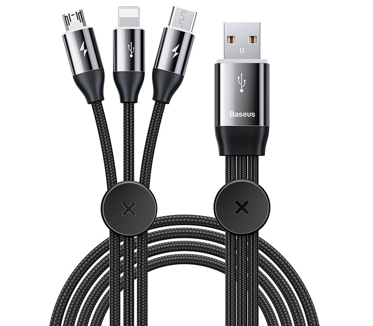 Кабель 3 в 1 BASEUS CAMLT-FX01 Micro USB, Lightning, Type-C, 1 м, 3.5A, чорний, фото 1