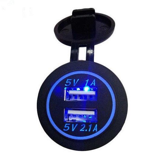 Автомобільне зарядне гніздо 2 USB DC 12-24V/5V 2,1 A синє підсвічування з різзю